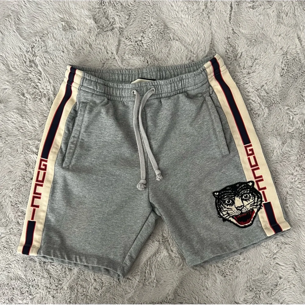 Gucci Gray Sweat Shorts with Cream & Navy Stripe and Embroidered Tiger